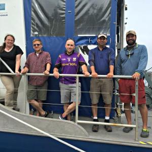 The crew of the research vessel Gulf Challenger. From left: Aly McKnight, Cameron Thompson, Julek Chawarski, Captain Bryan Soares and Andrew Allyn. Not pictured: First mate Brad Parady. KATRINA CLARK/Boothbay Register
