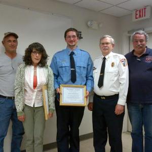From left, Lincoln County Fire Academy Vice Chairman Dave Pratt, Newcastle Assistant Fire Chief Mike Santos’ widow Paula Santos, Newman Award recipient James Richardson, Westport Fire Chief Bob Mooney and Academy Chairman Roger Whitney. Courtesy of Lincoln County Fire Academy