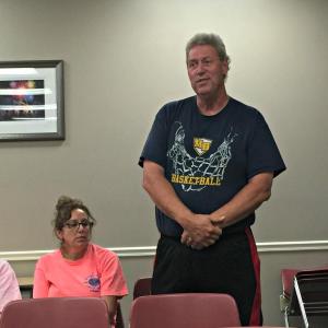 Lobsterman’s Wharf owner Tom Philbrook addresses the selectmen on July 13, and asks for “the same opportunity as everyone else.” KATRINA CLARK/Boothbay Register