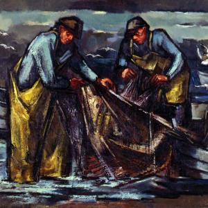This Lamar Dodd painting entitled “Walter and Frank” is included in the exhibition of Dodd’s Monhegan works at the Monhegan Museum of Art & History on Monhegan Island. This exhibition runs through Sept. 30. Courtesy of Robert L. Stahl “Walter and Frank,” Lamar Dodd