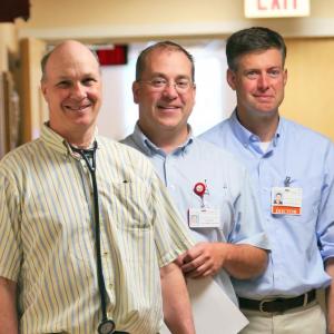 Physicians and nurses who communicate well with patients are one reason LincolnHealth consistently receives high quality scores. Pictured are LincolnHealth Hospitalists, from left, Cal Yates, MD, Matt Weaver, MD, and Frank Guarnieri, MD. Courtesy photo