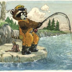 The July Twin Villages ArtWalk will include Maine Art Prints by Maurice “Jake” Day, such as “Fishing Raccoon,” above, at his 20 Bristol Road studio. They include stunning Katahdin, the coast; magical, whimsical imaginative art, and Maine’s “Bambi” connection. Courtesy of Jill Rice