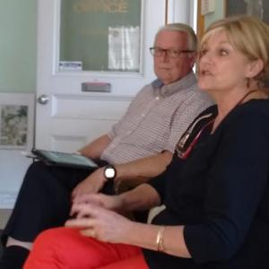 Shawn Lewin, left and Jane Good of the Boothbay Region Health and Wellness Foundation discuss plans for senior community center with Southport selectmen. JANE CARPENTER/Boothbay Register