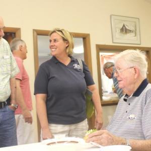 Rep. Stephanie Hawke of House District 89 chats with meeting attendees, John Bertolet, left, and Palmer Payne at Lincoln County Republican Committee meeting. Courtesy of Earl Inman