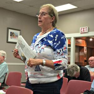 Janet Brennan speaks about the value of creating a pickleball court at the town gateway area during the workshop on Aug. 24. KATRINA CLARK/Boothbay Register