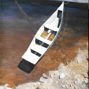 Boothbay Harbor artist Nathan Campbell’s acrylic “Rowe Boat,” depicts a view from Boothbay Harbor’s 1,000-foot footbridge. This painting is just one of the new member works in the August exhibition of the Boothbay Region Art Foundation. The show will run Aug. 7-31. Courtesy of BRAF Nathan Campbell