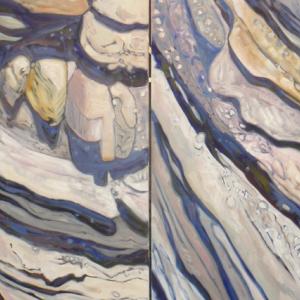 “Periwinkle Ledge,” a 36 by 56-inch diptych in oil by John M. T. Seitzer, is one of the featured works this month at Studio 53. Seitzer shares the spotlight with Alan Braley at the Boothbay Harbor gallery. Courtesy of Lynne Seitzer John M.T. Seitzer