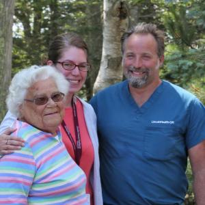 Maxine Tourtillotte with LincolnHealth Wound Care Center Receptionist Rachael Bathgate and Wound Care Center Medical Director Dr. Mark Mainella. Courtesy of Alan Crowell
