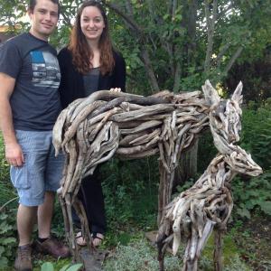 Benjamin Stoodley and Arielle Cousens of Augusta teamed up to craft this driftwood doe and fawn now on exhibit at Stable Gallery through Oct. 18. Courtesy of the gallery Benjamin Stoodley and Arielle Cousens