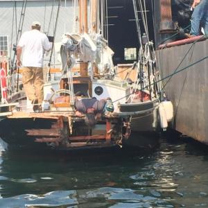 The Lazy Jack returns to shore at Boothbay Harbor Shipyard after its collision with a lobster boat on Wednesday, Sept. 2. Courtesy of Bruce White