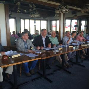 The Maine Yankee Community Advisory Panel meets in Woolwich on Sept. 21. The group had a narrower room to meet in than usual at Taste of Maine. Participants said it was like having a meeting in a train car with a good view. SUSAN JOHNS/Wiscasset Newspaper Maine Yankee Community Advisory Panel, Taste of Maine