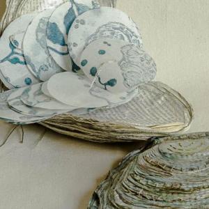 East Boothbay fiber artist Sandra Barry’s “All Oysters Great & Small” and “Chaucer’s First Oyster” are on view at Maine Fiberarts through Sept. 30. Courtesy of Christine Macchi Sandra Barry, East Boothbay ME