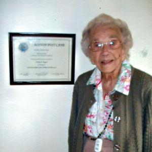 Florence Haggett, born Nov. 13, 1912, with her certificate declaring her the holder of the Boston Post Cane. Courtesy of Courtney Haggett