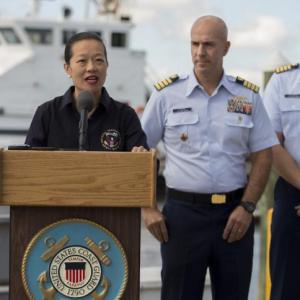Vice Chairman Bella Dinh-Zarr and Coast Guard officials brief the media Oct. 7 in Miami, Fla., on the loss of container ship El Faro.