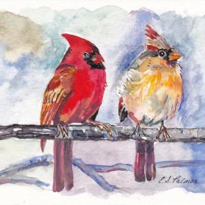“Cardinals,” is one of Elizabeth S. Palmer’s works in her Savory Maine exhibition Oct. 30 through November. Courtesy of Grace Goldberg Cardinals by Elizabeth S. Palmer