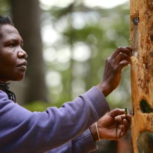 Irene Wanjiru working on a sculpture on Southport Island. The artist is the 2015 artist-in-residence of the Spillway Fund. On Oct. 17 and 18, Wanjiru’s residency will be celebrated with an exhibition. All proceeds from art sold will be donated to New Hope For Women. All photos by Robert Mitchell Irene Wanjiru