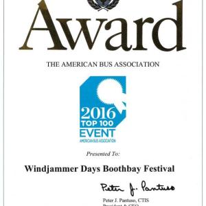 This award was presented to the Friends of Windjammer Days event organizers for being one of the 100 top events in North America.