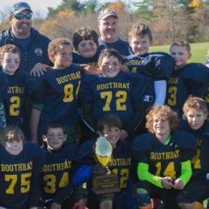 The 2015 Boothbay Region Youth Football grade 5 and 6 team. Pictured from left are, back row: Coach Joe Hall, Coach Brad Drummond, Jordan Carrier, Coach Jason Barter, Coach Trevor Swope; middle row: Caden Royal, Jake Kelley, Matthew Sullivan, Athenase Lawless, Riley Faulkingham, Gavin Dolloff, Quincy Coombs, Paul Holbrook, Moses Allen, Zachary Rollins; front row: Damien Torrre, Tyler Barter, Sean Marston, Grant Swope, Ashton McLellan, Gavin Carlson, Connnor Wenners, Hunter Brewer and Dylan Plummer. Courtesy of Lynch Sports Photography