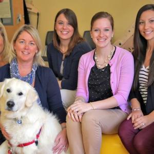 The Pediatric Therapy team at the St. Andrews Campus of LincolnHealth includes, from left: Speech Therapist Marisa Small, Speech Therapist Jennifer Bryce (with Therapy Dog Finn), Physical Therapist Pamela Ford, Registered Dietitian Elisabeth Mills and Occupational Therapist Courtney Machado. Courtesy of LincolnHealth