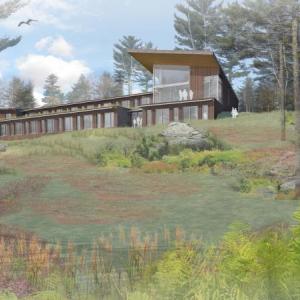 A drawing of the proposed 32-bed student and visiting scientist residence with four visitors apartments on the Laboratory’s East Boothbay Campus. Courtesy of Scott Simons Associates