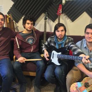 The band, Hollis Woods, featuring, from left, Evan Welch, Ben Lev, Levon Ritter and Ben Betts, wrap up their recording session at Frog Hollow Studio in Brunswick on Jan. 14. SUZI THAYER/Boothbay Register