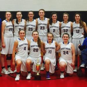 The 2015-2016 Mountain Valley Conference champions, the Boothbay Region High School Lady Seahawks, with their trophy. Courtesy of Sarah Morley
