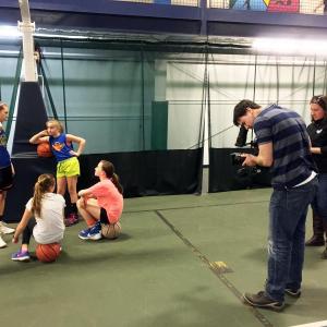 A cameraman and producer from WCSH Channel 6 were at the Boothbay Region YMCA shooting videos of Hannah Morley and three of her ‘Future Lady Seahawks’ for spots to air during April and May. SUZI THAYER/Boothbay Register