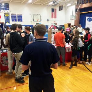 Event organizer Pauline Dion said the job fair at the Boothbay Region High School gym was “an event that went way beyond my expectations.” SUZI THAYER/Boothbay Register