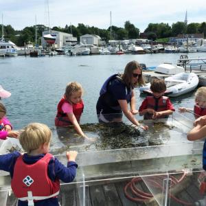 Students at the Boothbay Sea and Science Center learn about marine animals in the program’s touch tank. Courtesy of Pauline Dion