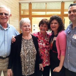 Joe Jackimovicz, left, Valerie Smith, Ruthie Jackimovicz, Kara Roach and Alex Jackimovicz at the entrance of the Bosarge Educational Center at Coastal Maine Botanical Gardens on May 21. SUZI THAYER/Boothbay Register