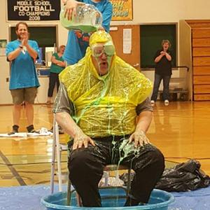 BRES student Susannah Edwards was the top fundraiser for the annual Jump Rope for Heart campaign and had the honor of sliming BRES Principal Mark Tess, ever the good sport. STEVE EDWARDS/Boothbay Register