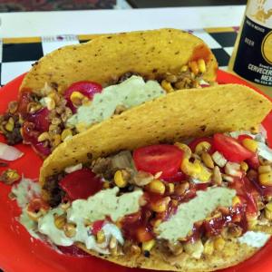 Taco Tuesday at my house. White corn tortillas, spiced ground beef, tomatoes, roasted corn and a sour cream avocado mixture with lime juice, cumin and cilantro. SUZI THAYER/Boothbay Register
