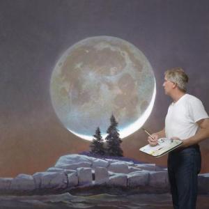 Greg Mort painting “island Worlds” in his Port Clyde studio, Fieldstone Castle. Courtesy photo Greg Mort, Maine artist