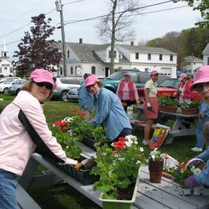 Boothbay Region Garden Club members prepare window boxes for display at the local town and post offices. Courtesy photo