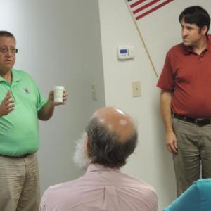 Lincoln County Sheriff Todd Brackett and Dan Lord speak to Lincoln County Democrats. Courtesy of Tom Eichler