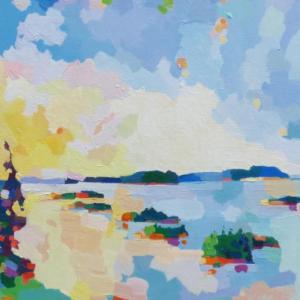 Henry Isaacs, “Sunset Across Penobscot Bay,” oil on canvas, 24” x 38”, is one of the artist’s new works to be exhibited by Gleason Fine Art beginning July 28. Courtesy of the gallery Henry Isaacs, “Sunset Across Penobscot Bay”