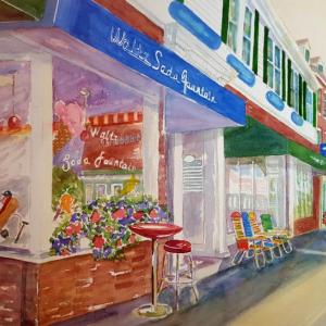 “A Walk into the Past, Waltz Soda Fountain,” watercolor, 13” x 19”, by Kathleen Horst is one of the artist’s works in her show at Miles Memorial Hospital. Courtesy of Amy Kefauver Kathleen Horst