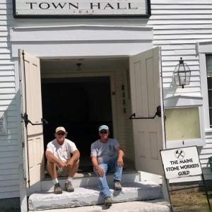 Dan Ucci, left, of Ledge Hill Creations and Dick Alden of Starfish Studios in Boothbay, both members of the Maine Stone Workers Guild, resting after the final four hours of work of setting the North Jay White Granite stone stairs on Aug. 25. Photos courtesy of Margaret Hoffman
Don Ucci and Dick Alden Maine Stone Workers Guild