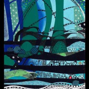 Deb Arter’s “Polka Town” mixed media collage is one of the artist’s works on exhibit at The First National Bank in Damariscotta. Courtesy of the artist