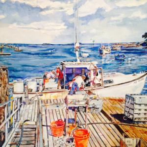 “Harbor” a watercolor by Elizabeth Palmer. The artist is exhibiting at Atlantic Motor Car with photographer Michele Barker through Dec. Elizabeth Palmer “Harbor”