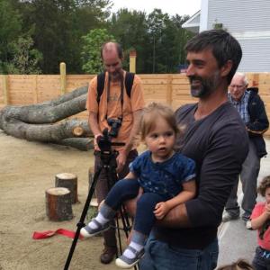 Bill Joyce and his daughter Lily at a Sept. 8 ribbon-cutting ceremony for the natural playground at the Boothbay YMCA Montessori school. MATTHEW STILPHEN/Boothbay Register