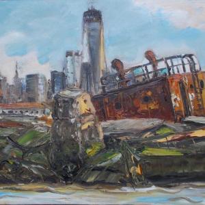 “Rising tower with crumbling pier,” oil, 2012 is one of Jim St.Clair’s works in the show “Remote N.Y.” opening at Gold/Smith Gallery Sept. 8. Courtesy of the gallery Jim St. Clair