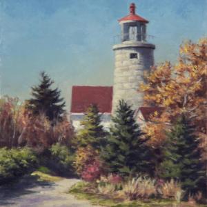 “Monhegan Light”, oil, 5” x 4,” by Will Kefauver. See this painting and others in the “Monhegan Days” show at Kefauver’s gallery. Courtesy of the venue