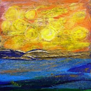 Here’s a 12” x 12” canvas by June Campbell Rose entitled “All is Bright” composed of tissue paper. Courtesy of BRAF June Campbell Rose “All is Bright”””