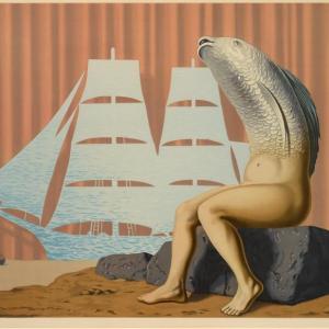 René Magritte, “Un Seduisant Naive D'eau Mer,” color lithograph, 12 1/2” x 17 3/4” - see this intriguing piece at the Wiscasset Bay Gallery through November.
