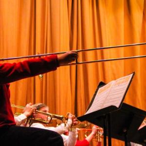 A fourth grade band student chooses the trombone to reach for the stars. DIANE DORBIN/Boothbay Register Holiday Band Concert BRES/BRHS