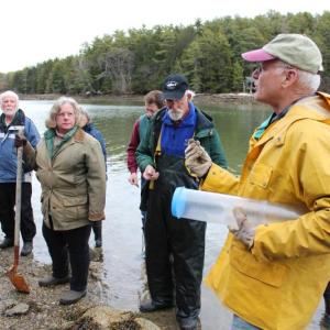 Midcoast Stewards explore intertidal flora and fauna with marine geochemist Dr. Larry Mayer at the University of Maine’s Darling Marine Center in 2015. Courtesy of DRA