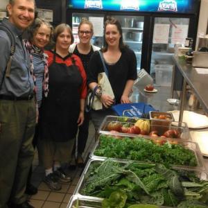 Members of LincolnHealth’s Works on Wellness Council present fresh vegetables in the Miles Café that were grown in the community garden on the Miles campus. From left are Dr. Tim Goltz, Ann Boe, Jo-Anne Blomquist, Elisabeth Cardali and Tonya Wright.