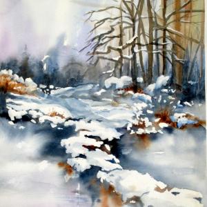 “Frozen Stream” is a painting by Peggy Farrell of the Pemaquid Artists Group. Courtesy of Kim Skillins Traina Peggy Farrell “Frozen Stream”