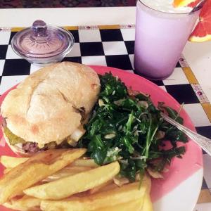 A great burger, fries, a creamsicle ice cream soda, and an arugula salad, to make the whole thing healthy! SUZI THAYER/Boothbay Register